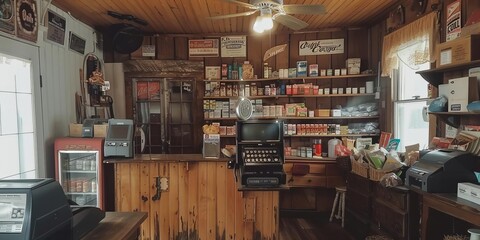A vintage store interior featuring a wooden counter, shelves of goods, and an old cash register.