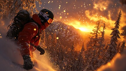Adventurous snowboarder carving fresh powder at sunset in a snowy mountain landscape.