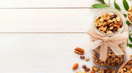 A jar filled with granola and nuts, tied with a ribbon, surrounded by greenery.