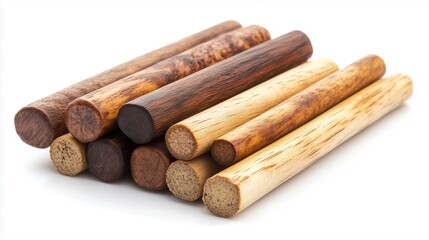 a collection of wooden dowels for joining, isolated on white background.