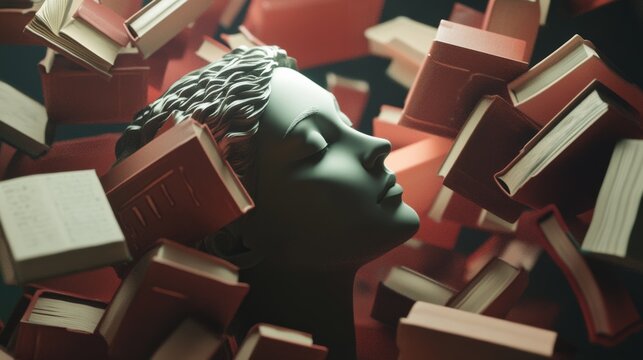 A head surrounded by floating books of various genres, Knowledge expansion scene, Intellectual style