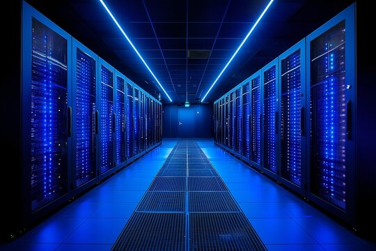 Server racks in server room data center, big data concept
