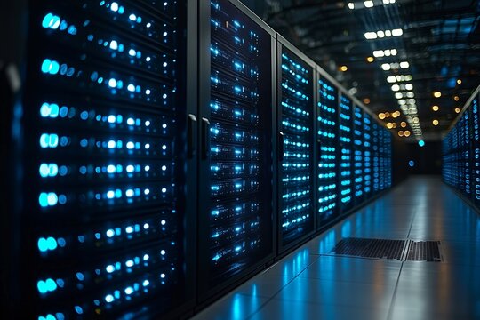 Server racks in server room data center, big data concept