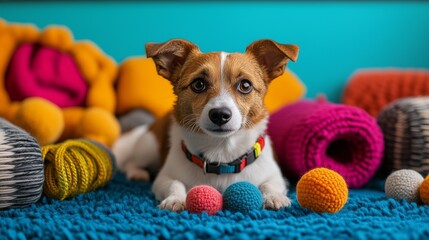 A pet supply store banner featuring colorful collars and toys