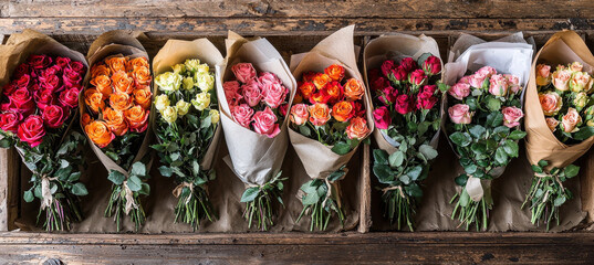Fototapeta premium rustic display of vibrant rose bouquets in various colors arranged on wooden table