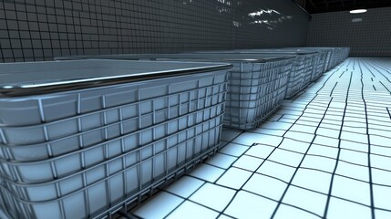 Rows of industrial plastic storage containers in a warehouse.