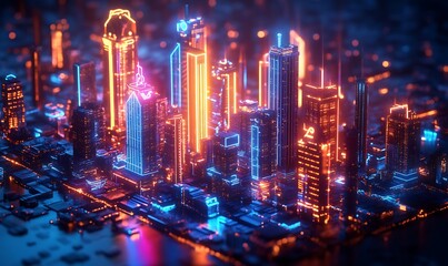 A 3D view of an interactive cityscape with glowing neon elements representing real-time data