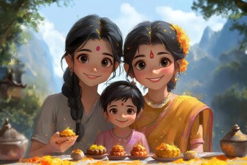 "Joyful Family Gathering: Festive Celebrations with Loved Ones - Illustration of Happiness and Togetherness"