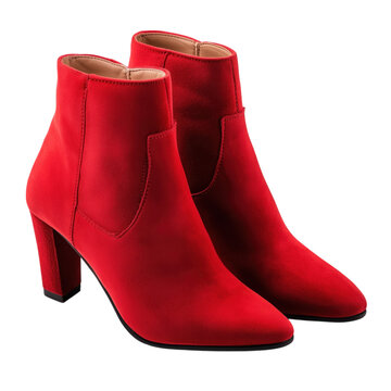 Elegant red suede ankle boots with high heels on transparent background for fashion and style concepts