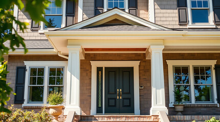 Elegant Home Exterior with Classic Design and Brick Facade. This luxurious house features a grand entrance, impressive columns, and beautiful landscaping.