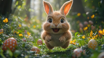 An adventurous Easter bunny zip-lining through a forest filled with hidden eggs.