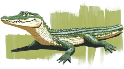 Fototapeta premium Young alligator illustration, green scales, detailed, swamp background.