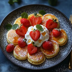 Heart-shaped pancakes topped with strawberries and whipped cream, perfect for a romantic breakfast or Valentine's Day celebration.