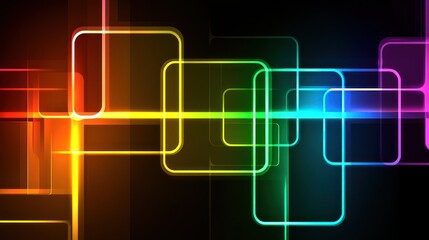 Abstract colorful glowing squares overlapping on dark background.