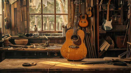 A vintage guitar-making scene frozen in time, emphasizing heritage and tradition