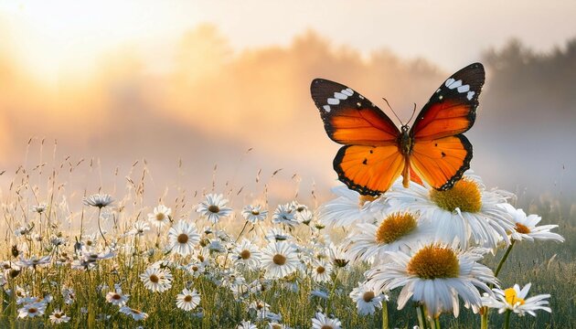 orange butterfly on daisy flowers in misty field morning scene