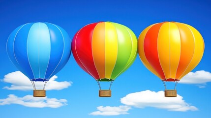 Naklejka premium Three colorful hot air balloons ascending in a clear blue sky with fluffy white clouds.