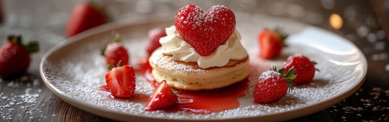 Heart-shaped pancakes topped with strawberries and whipped cream, perfect for a romantic breakfast or Valentine's Day celebration.