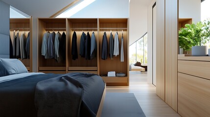 Spacious and Stylish Walk in Wardrobe with Rotating Clothes Racks and Skylight Providing Natural Lighting in a Contemporary Bedroom Design