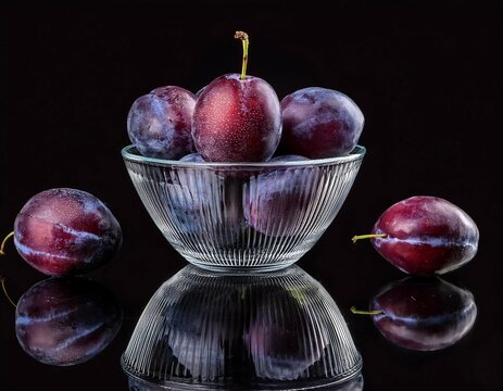fresh plums in glass bowl on reflective surface - Powered by Adobe