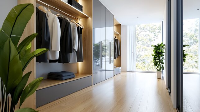 Stylish and Functional Scandinavian Inspired Walk In Wardrobe with Muted Tones Natural Lighting and Minimalist Decor Elements