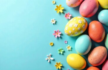 Fototapeta premium Top view of colored Easter eggs and flowers laid out on the right on a blue background.