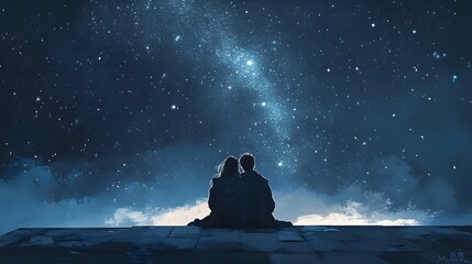 A couple watching the stars from a rooftop, wrapped together in a blanket, their faces illuminated by the faint glow of the Milky Way above