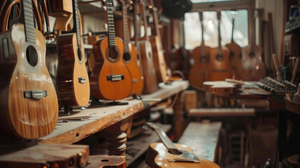 A workshop scene with multiple guitars in various stages of assembly, emphasizing the luthier's dedication