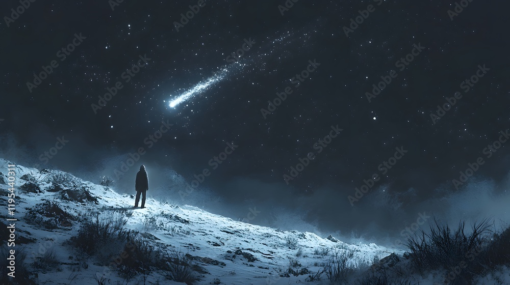 Aufkleber a figure standing in a snow-covered field under a dark sky, illuminated only by the faint light of a