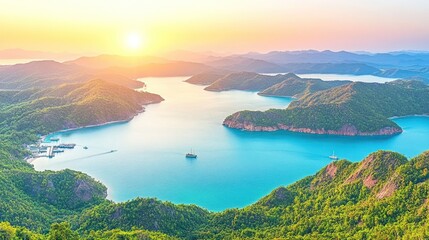 Panoramic sunset view over turquoise water, lush green hills, and islands.