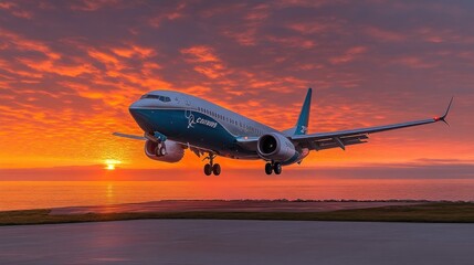 Airplane landing at sunset over ocean.