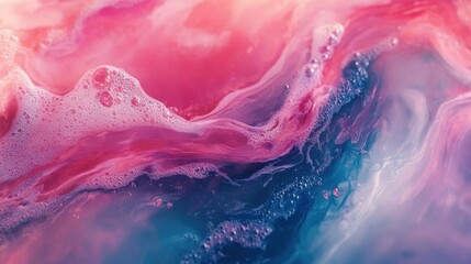 Naklejka premium A flowing paint pour design, with vibrant colors marbling and blending in fluid, wave-like patterns, creating a sense of movement.