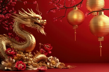 Obraz premium Stunning 3D Golden Dragon with Lanterns in Elegant Scene