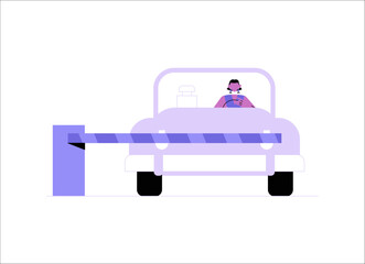 Toll Booth And Car In Flat Vector Illustration Symbolizing Road Travel, Payment Systems, And Transportation, Isolated On White Background.