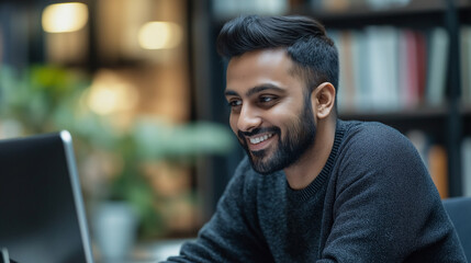 Indian student using laptop in modern library setting. Perfect for international education and digital learning.