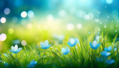 Obraz premium 天気の良い春の日の緑の野原の風景。小さく青い花がが咲くかわいい雰囲気のイラスト画像。AIで生成 