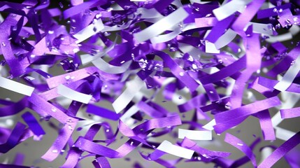 Fototapeta premium Purple and white confetti falling against a dark background.