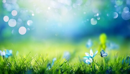 Obraz premium 天気の良い春の日の緑の野原の風景。小さく青い花がが咲くかわいい雰囲気のイラスト画像。AIで生成 