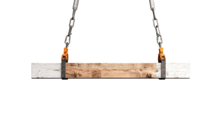 A wooden board is suspended from a chain