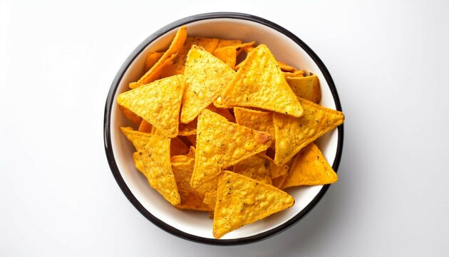 top view of crunchy corn nachos in a bowl on a white background