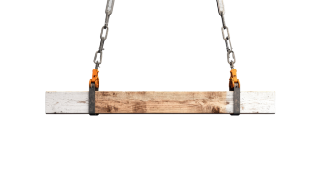 A wooden board is suspended from a chain