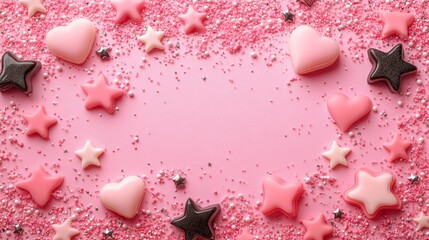 A soft pink backdrop with hearts and stars, ideal for baby showers, romantic events, or women's day celebrations.