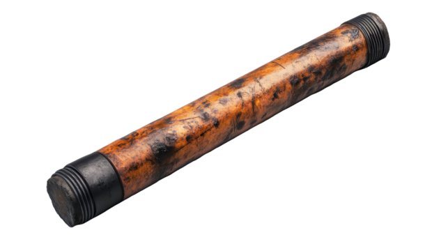 A long wooden pipe with a black cap on the end