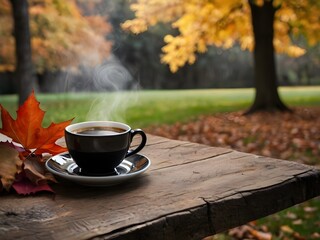 Hot Coffee Cup on Wooden Table in Autumn Forest