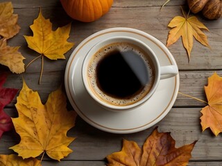 Cup of Coffee Surrounded by Autumn Leaves on Wooden Table