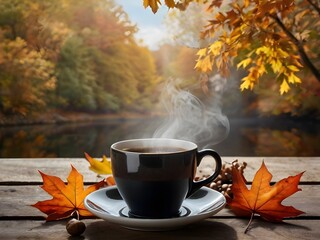 Steaming Coffee Cup on Wooden Surface Amidst Autumn Landscape