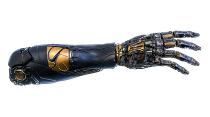 A robotic arm with a gold and black design