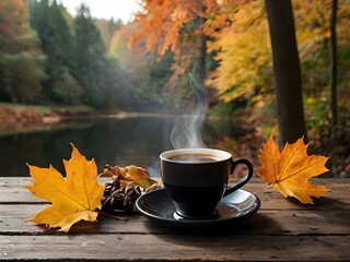 Steaming Cup of Coffee on Wooden Table Surrounded by Autumn Leaves