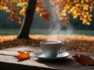 Warm Cup of Coffee Outdoors in Colorful Autumn Foliage
