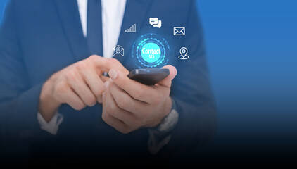 Get in touch with us. An entrepreneur is utilizing a smartphone with network, location, chat, and mail icons. Support the idea.